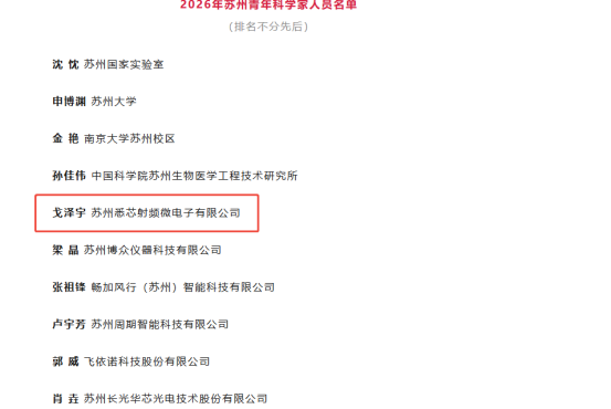 喜报｜悉芯射频戈泽宇荣获 2026 年度苏州青年科学家称号